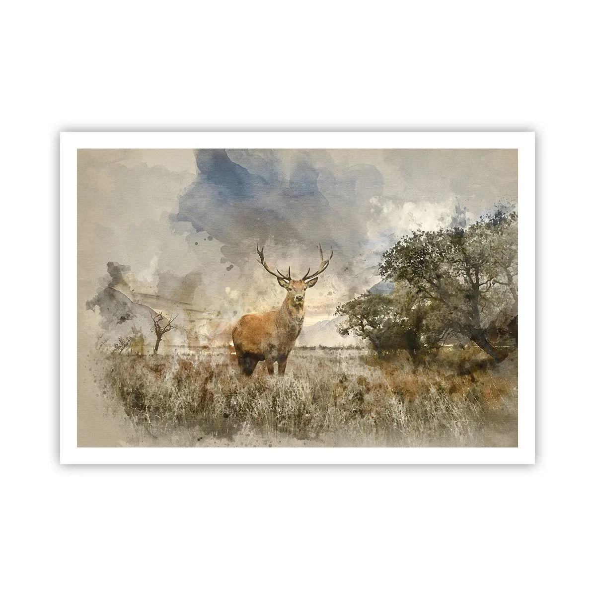 Póster - Un ciervo en un entorno natural en estilo acuarela. - 100x70cm - Dignidad - fuerza - encanto - Decoración de pared moderna para salón y dormitorio ARTTOR