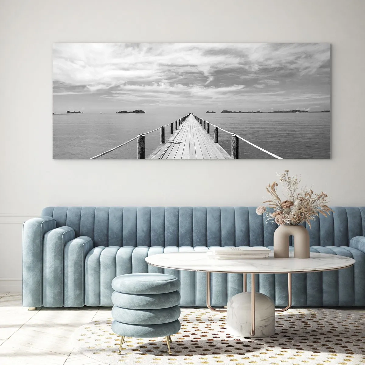 Cuadro sobre vidrio - Impresiones sobre Vidrio - Un muelle de madera que se pierde en la distancia sobre un mar en calma. - 140x50cm - Hora de viajar - Decoración de pared moderna para salón y dormitorio ARTTOR