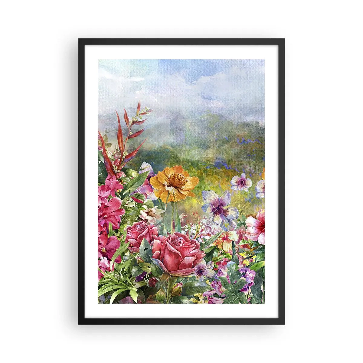 Póster en marco negro - Un campo de flores en un día soleado. - 50x70cm - Un jardín enloquecido - Decoración de pared moderna para salón y dormitorio ARTTOR