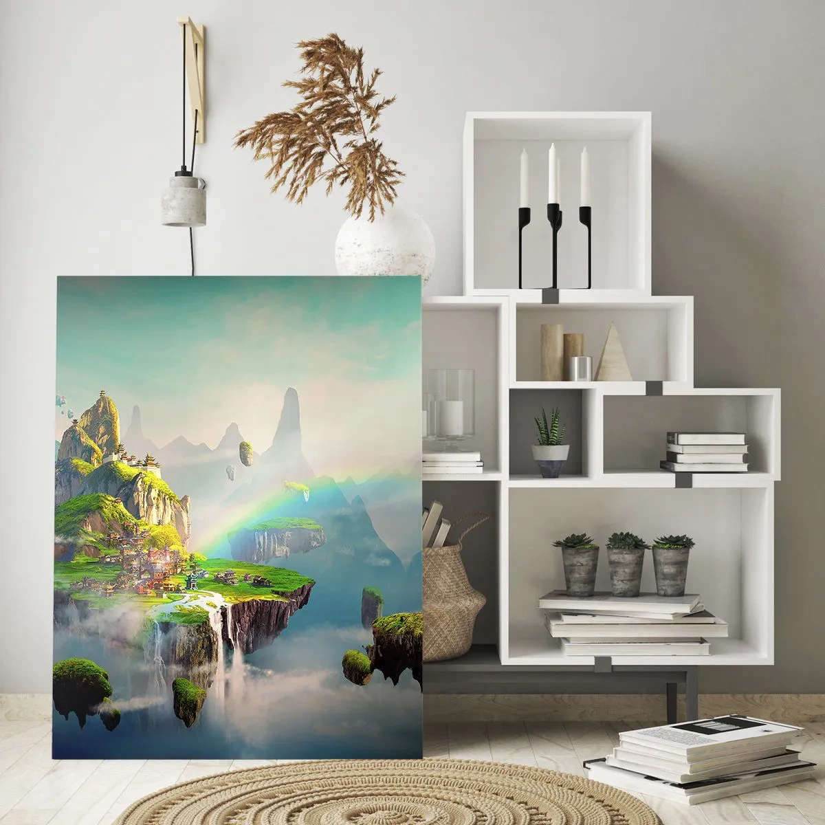 Cuadro sobre vidrio - Impresiones sobre Vidrio - Islas voladoras en las nubes con arcoíris y cascadas. - 50x70cm - El medio de la nada - islas flotantes - Decoración de pared moderna para salón y dormitorio ARTTOR