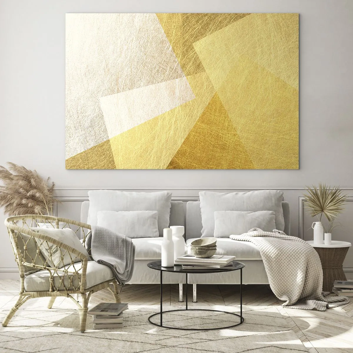 Cuadro sobre vidrio - Impresiones sobre Vidrio - Formas geométricas doradas con textura metálica y ligera. - 70x50cm - Tiempo de geometría - Decoración de pared moderna para salón y dormitorio ARTTOR