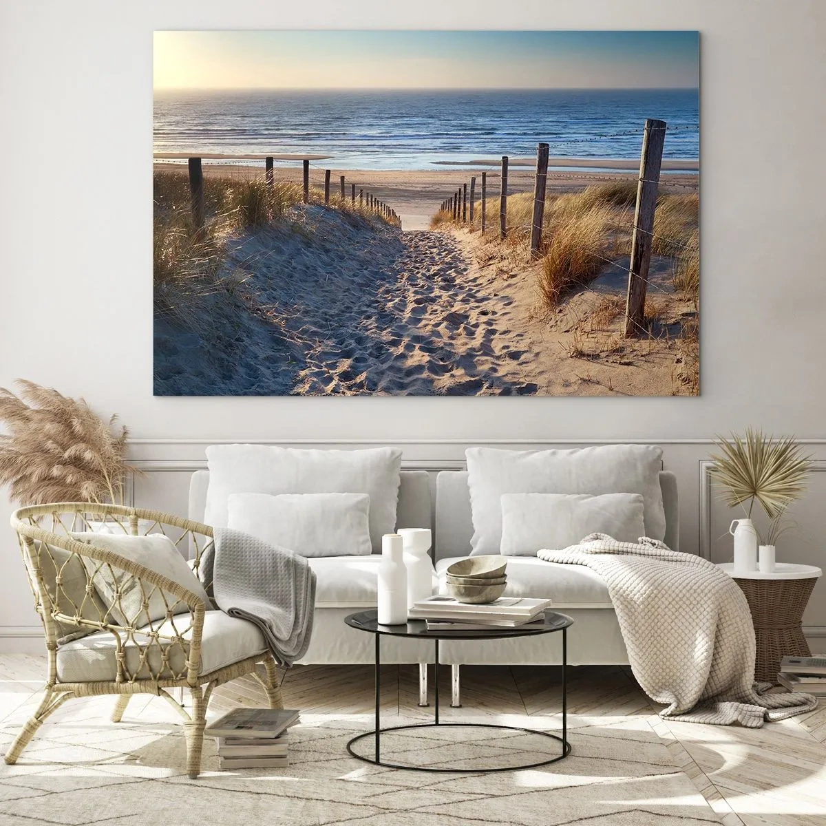 Cuadro sobre vidrio - Impresiones sobre Vidrio - Un camino a través de las dunas que conduce a una playa con un mar en calma. - 120x80cm - El sonido del mar, el canto de los pájaros, una playa virgen entre las dunas... - Decoración de pared moderna para s
