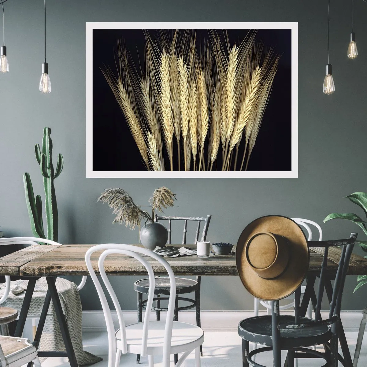 Póster - Espigas de trigo sobre fondo negro en estilo rústico - 100x70cm - Magia rústica - Decoración de pared moderna para salón y dormitorio ARTTOR