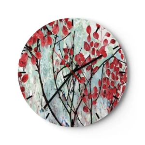 Reloj de pared - Reloj de vidrio - Ramas con hojas rojas sobre un fondo pintado. - 30x30cm - Un árbol en escarlata - Decoración de pared moderna para salón, cocina y dormitorio ARTTOR