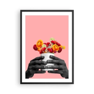 Póster en marco negro - Manos negras sosteniendo un ramo de flores sobre un fondo rosa - 50x70cm - La apoteosis de la vida - Decoración de pared moderna para salón y dormitorio ARTTOR