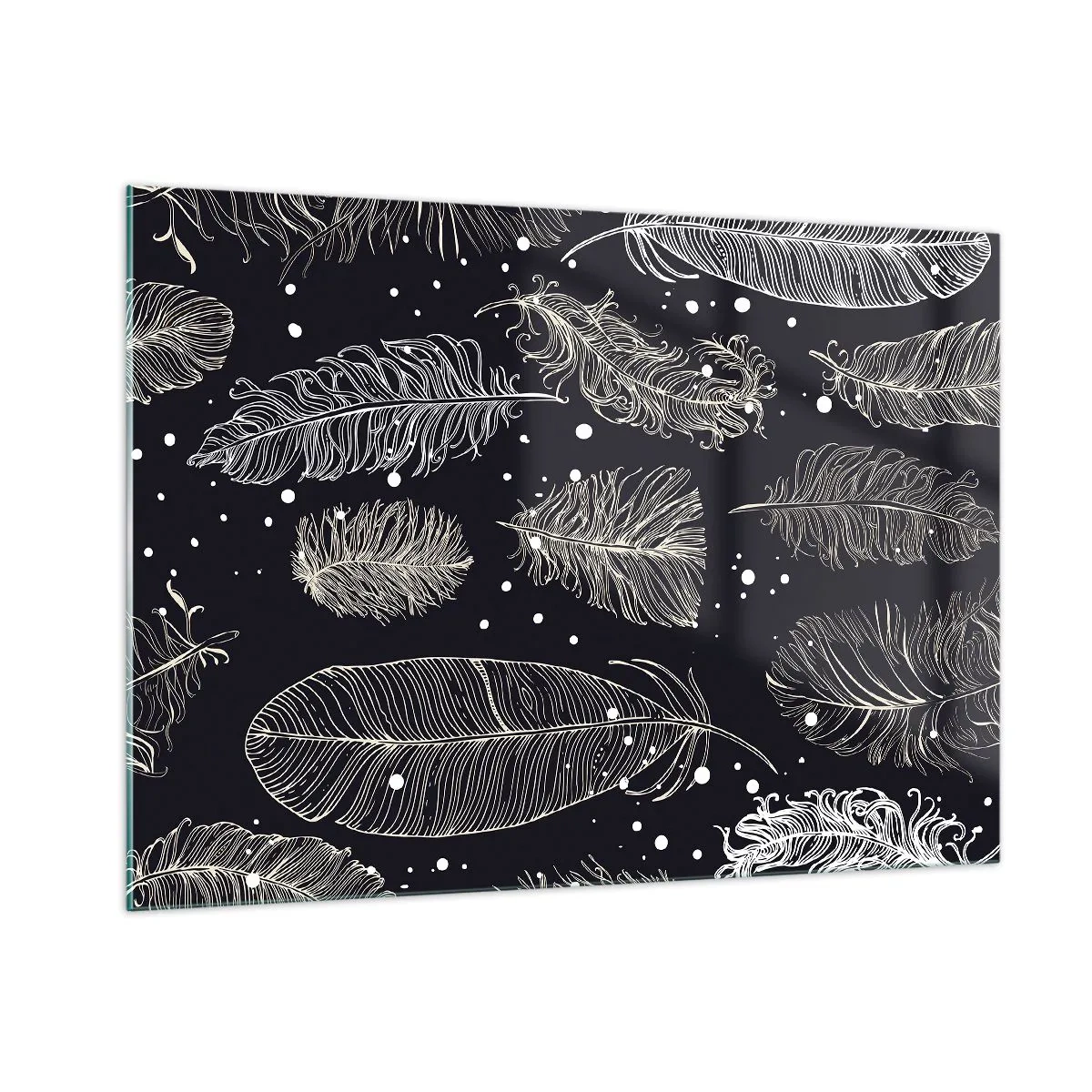 Cuadro sobre vidrio - Impresiones sobre Vidrio - Plumas blancas sobre fondo negro con detalles sutiles. - 100x70cm - Encaje de plumas - Decoración de pared moderna para salón y dormitorio ARTTOR