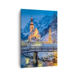 Cuadro sobre lienzo - Impresión de Imagen - Paisaje invernal con una iglesia, un puente y montañas al atardecer - 70x100cm - El espíritu de la Navidad - Decoración de pared moderna para salón y dormitorio ARTTOR