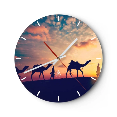 Reloj de pared - Reloj de vidrio - Una caravana de camellos con el sol poniente como telón de fondo en el desierto. - 30x30cm - El misterioso espíritu de Oriente - Decoración de pared moderna para salón, cocina y dormitorio ARTTOR