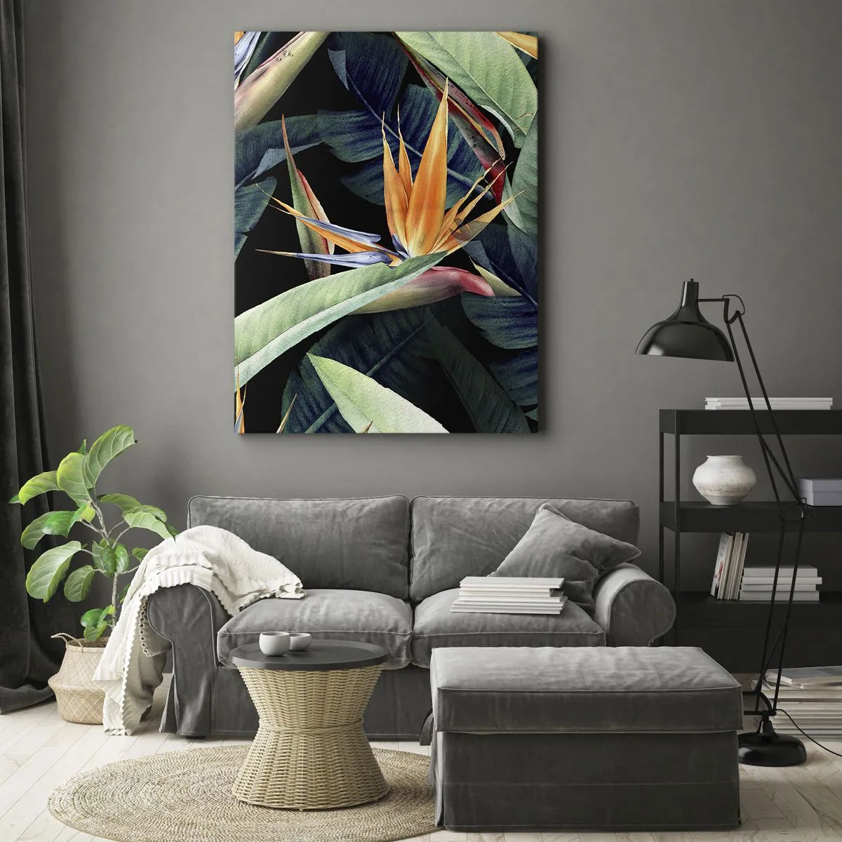 Cuadro sobre lienzo - Impresión de Imagen - Flores y hojas tropicales sobre fondo negro. - 80x120cm - Flores de llamas de los trópicos - Decoración de pared moderna para salón y dormitorio ARTTOR