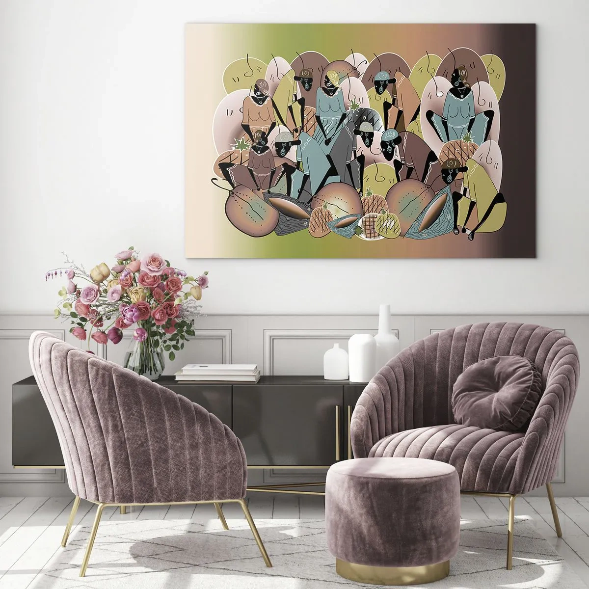 Cuadro sobre vidrio - Impresiones sobre Vidrio - Una ilustración abstracta de figuras en tonos beige, verde y rosa. - 120x80cm - Se avecina una gran celebración - Decoración de pared moderna para salón y dormitorio ARTTOR