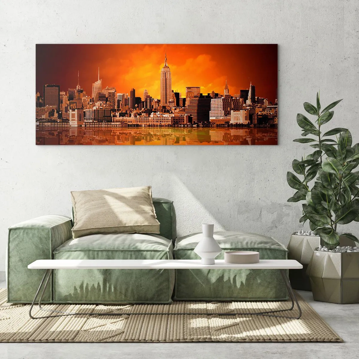 Cuadro sobre vidrio - Impresiones sobre Vidrio - Panorama de la ciudad al atardecer con edificios reflejados en el agua. - 120x50cm - Un panorama de la ciudad en amarillo y marrón - Decoración de pared moderna para salón y dormitorio ARTTOR