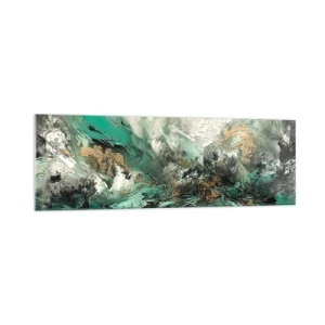Cuadro sobre vidrio - Impresiones sobre Vidrio - Paisaje abstracto en tonos verdes y dorados. - 160x50cm - Hervor negro esmeralda - Decoración de pared moderna para salón y dormitorio ARTTOR