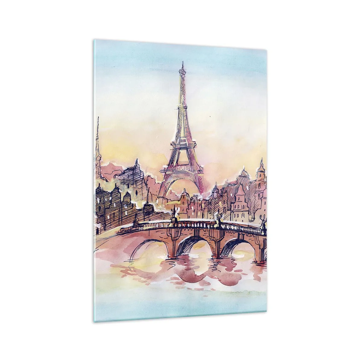 Cuadro sobre vidrio - Impresiones sobre Vidrio - Panorama de acuarela de París con la Torre Eiffel al atardecer - 70x100cm - Única en el mundo - Decoración de pared moderna para salón y dormitorio ARTTOR