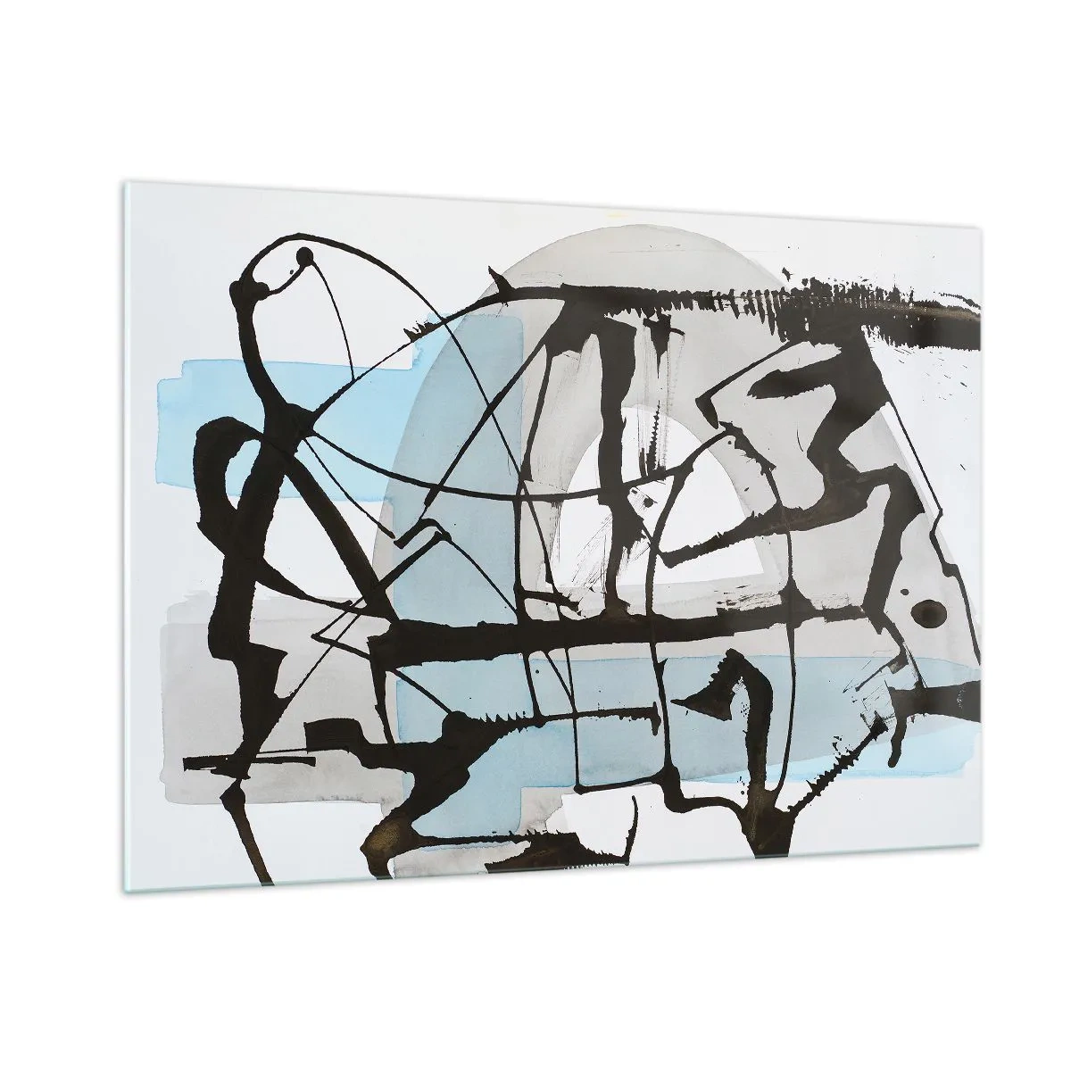 Cuadro sobre vidrio - Impresiones sobre Vidrio - Composición abstracta con un boceto negro y manchas azules. - 100x70cm - Azul a pesar de todo - Decoración de pared moderna para salón y dormitorio ARTTOR