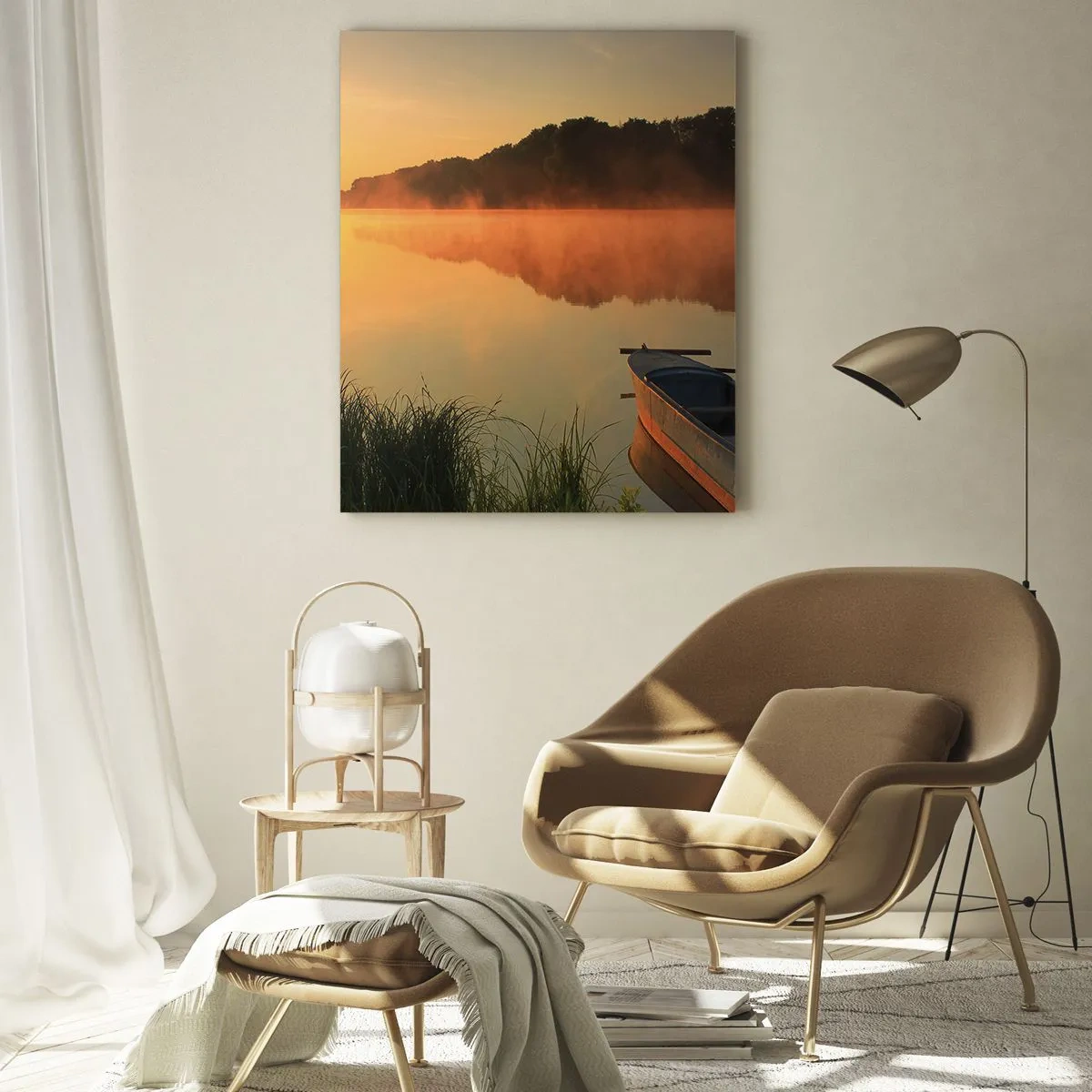Cuadro sobre vidrio - Impresiones sobre Vidrio - Amanecer sobre un lago tranquilo con un barco en la orilla - 50x70cm - Amanecer sobre el agua como la superficie de un espejo - Decoración de pared moderna para salón y dormitorio ARTTOR