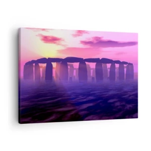 Cuadro sobre lienzo - Impresión de Imagen - Círculo de piedras al atardecer con un cielo violeta - 70x50cm - Misterio al amanecer en la niebla - Decoración de pared moderna para salón y dormitorio ARTTOR