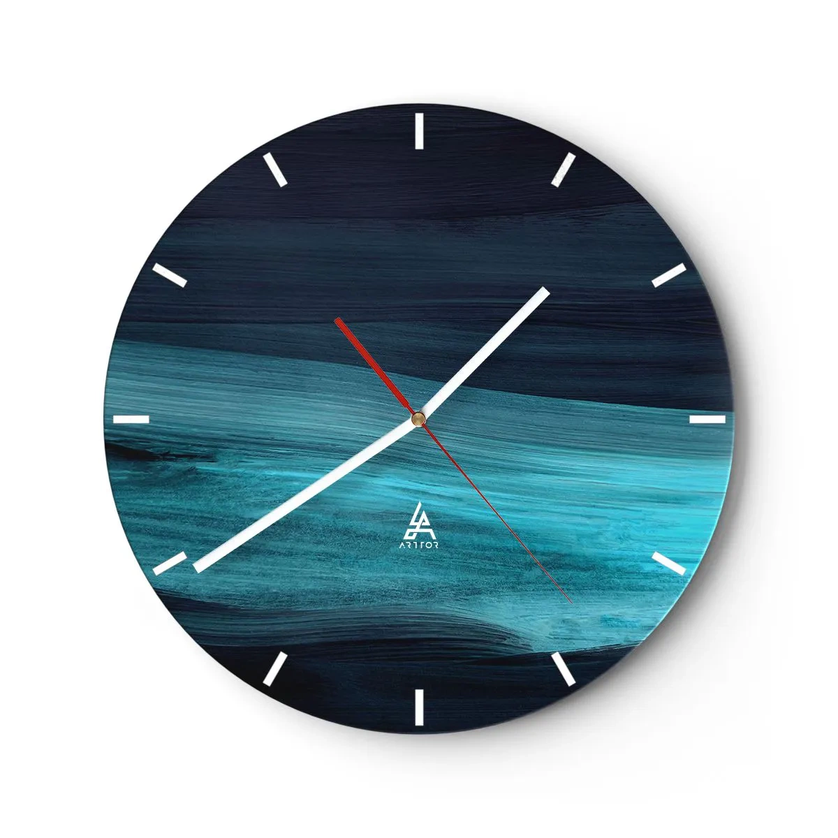 Reloj de pared - Reloj de vidrio - Rayas abstractas en turquesa y azul marino que recuerdan al agua. - 30x30cm - Nadar con la corriente - Decoración de pared moderna para salón, cocina y dormitorio ARTTOR