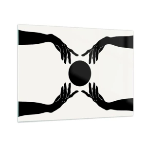 Cuadro sobre vidrio - Impresiones sobre Vidrio - Manos negras alrededor de un círculo negro sobre un fondo claro - 70x50cm - Una señal secreta - Decoración de pared moderna para salón y dormitorio ARTTOR