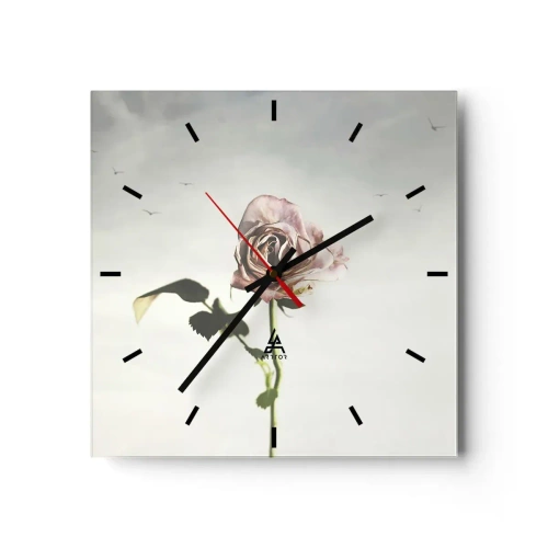 Reloj de pared - Reloj de vidrio - Una delicada rosa contra un cielo brillante con pájaros volando. - 30x30cm - Bienvenida a la primavera - Decoración de pared moderna para salón y dormitorio ARTTOR