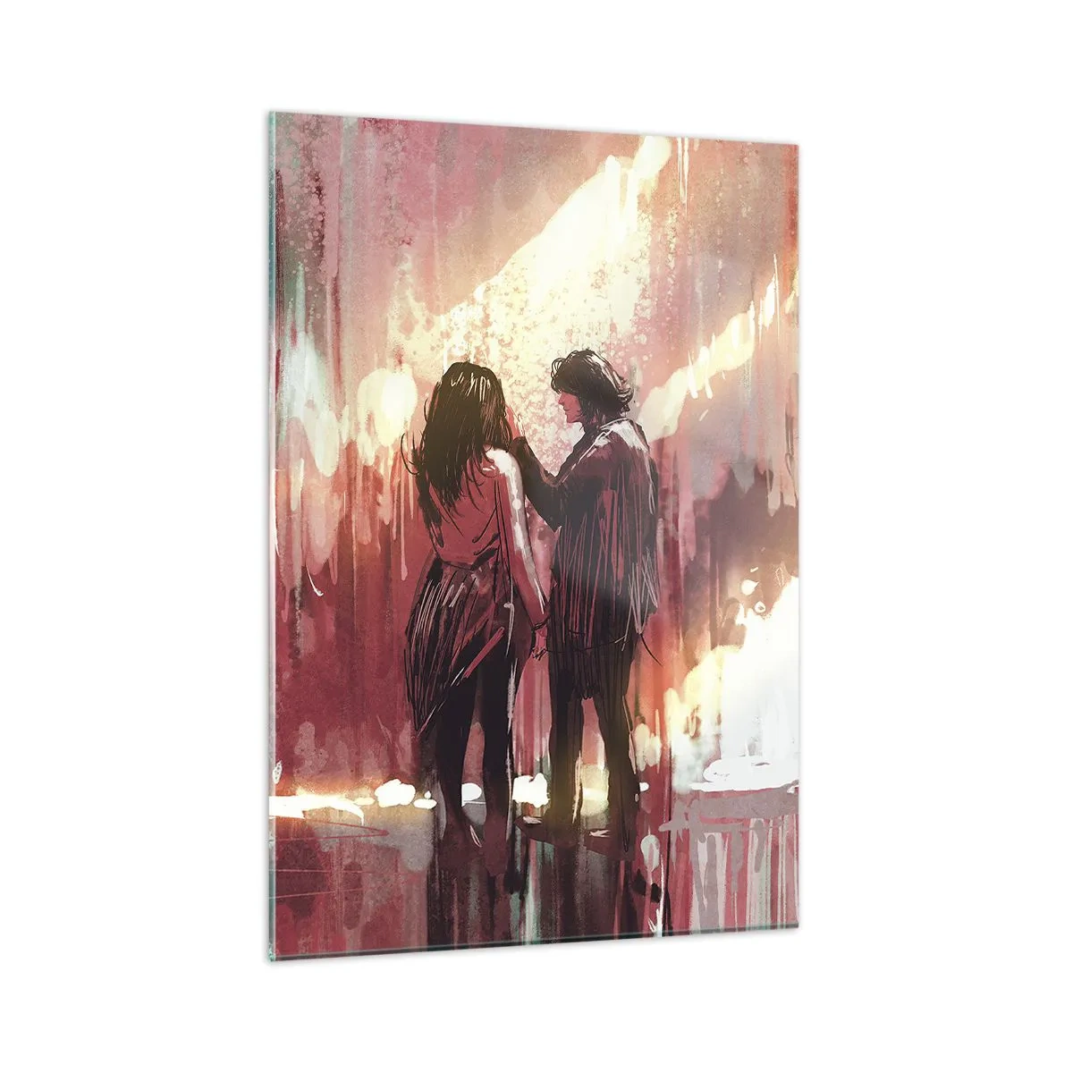 Cuadro sobre vidrio - Impresiones sobre Vidrio - Una pareja bajo la cálida luz de un entorno abstracto. - 50x70cm - El eterno espectáculo del amor - Decoración de pared moderna para salón y dormitorio ARTTOR