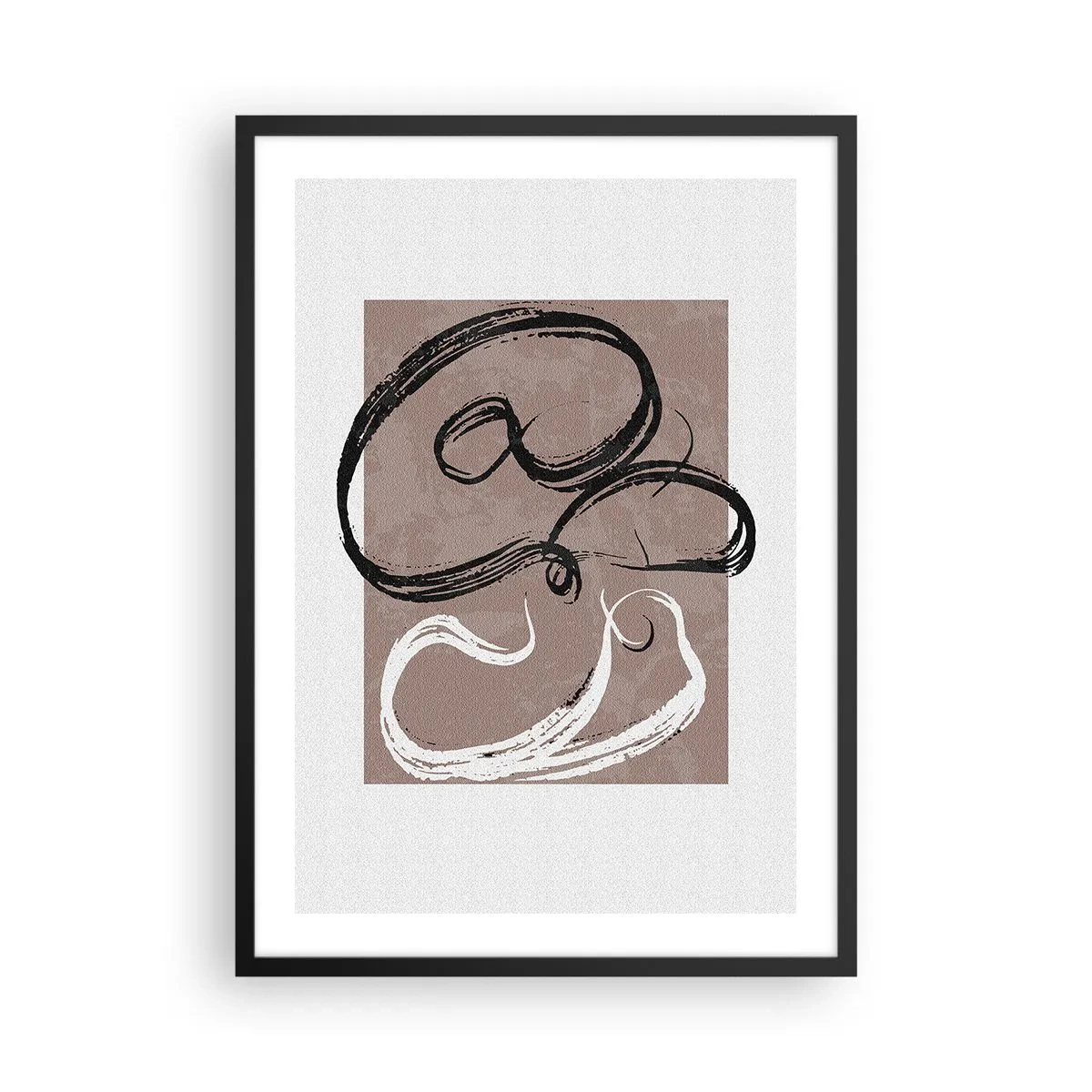Póster en marco negro - Composición abstracta con pinceladas dinámicas en blanco y negro sobre fondo marrón. - 50x70cm - Composición: la búsqueda de la plenitud - Decoración de pared moderna para salón y dormitorio ARTTOR