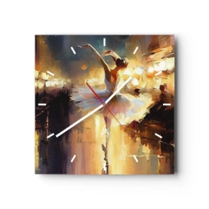 Reloj de pared - Reloj de vidrio - Una bailarina bailando frente a un escenario iluminado. - 30x30cm - Un milagro en la calle - Decoración de pared moderna para salón y dormitorio ARTTOR