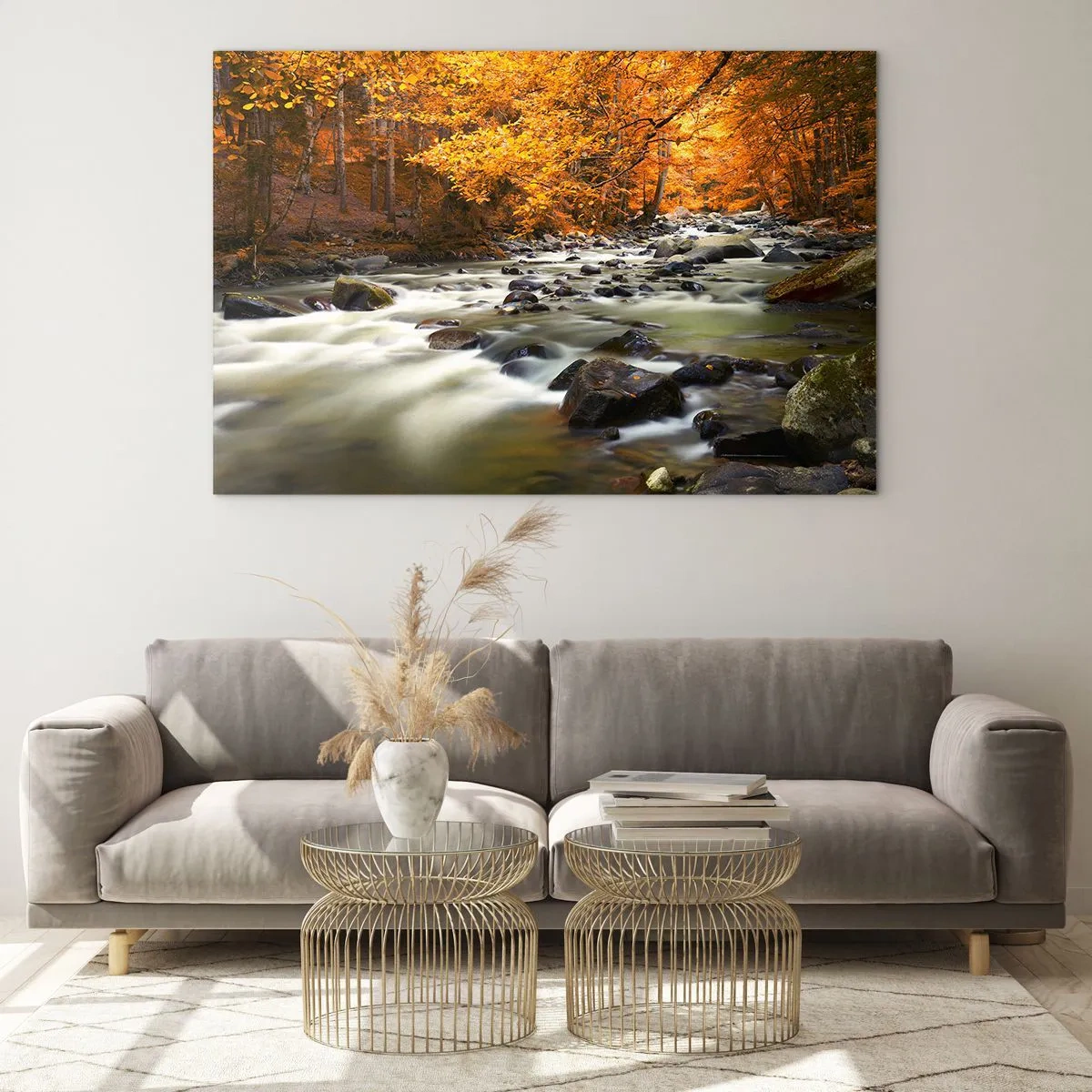Cuadro sobre vidrio - Impresiones sobre Vidrio - Bosque otoñal con arroyo y piedras. - 70x50cm - Un arroyo en un bosque dorado - Decoración de pared moderna para salón y dormitorio ARTTOR