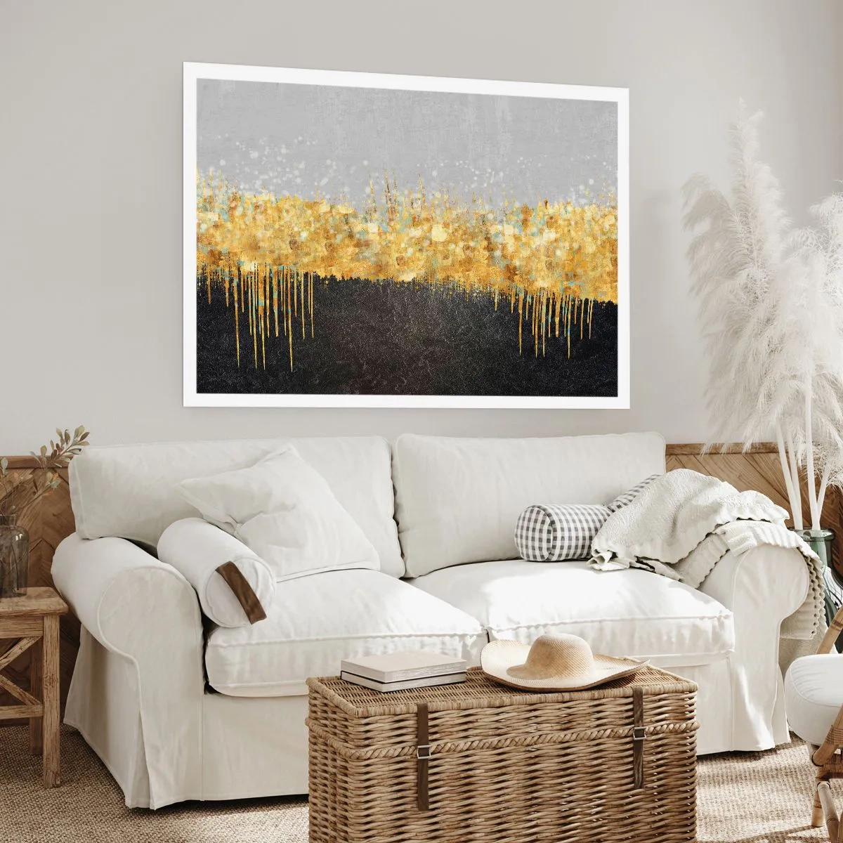 Póster - Composición abstracta en tonos dorados y negros. - 100x70cm - Hacia arriba y hacia abajo - Decoración de pared moderna para salón y dormitorio ARTTOR