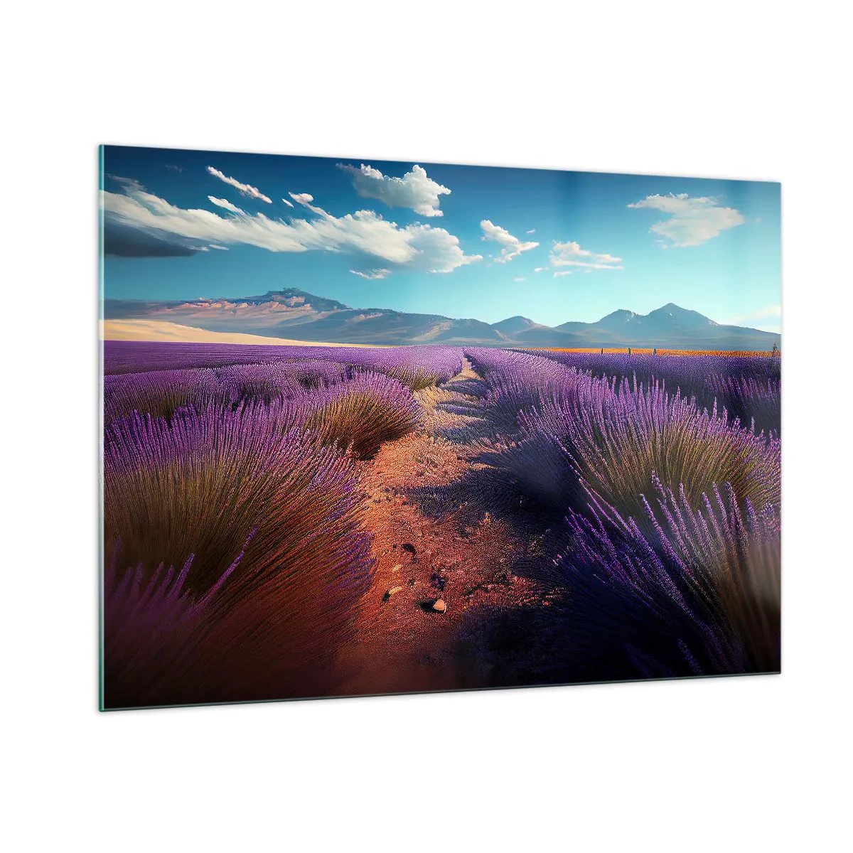 Cuadro sobre vidrio - Impresiones sobre Vidrio - Campos de lavanda al atardecer con vistas a las montañas. - 100x70cm - Campos fragantes - Decoración de pared moderna para salón y dormitorio ARTTOR