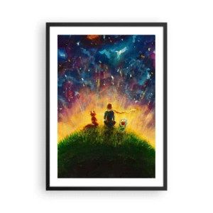 Póster en marco negro - Figuras sentadas en una colina bajo un cielo estrellado. - 50x70cm - Amor y amistad - lo único entero - Decoración de pared moderna para salón y dormitorio ARTTOR