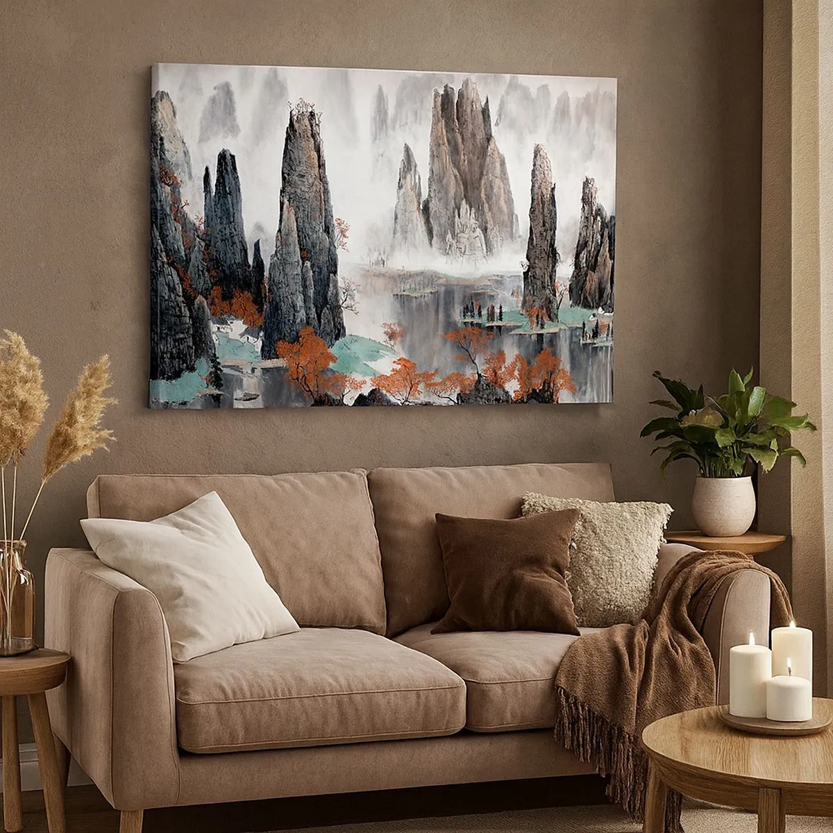 Cuadro sobre lienzo - Impresión de Imagen - Rocas y árboles pintorescos en el brumoso paisaje chino - 70x50cm - Poderosos guardianes - Decoración de pared moderna para salón y dormitorio ARTTOR
