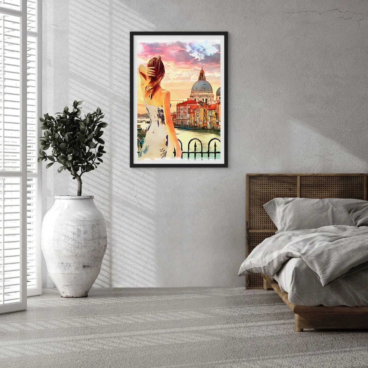 Póster en marco negro - Una mujer admira la vista de una ciudad histórica al atardecer. - 50x70cm - Escapada de fin de semana - Decoración de pared moderna para salón y dormitorio ARTTOR