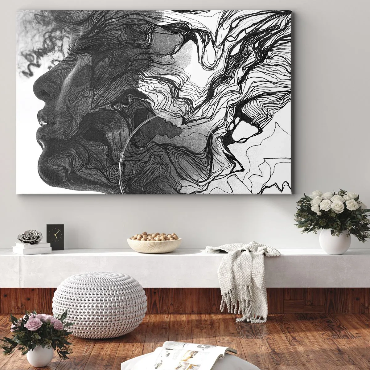 Cuadro sobre lienzo - Impresión de Imagen - Rostro abstracto en blanco y negro con líneas dinámicas. - 100x70cm - Enredada en sueños - Decoración de pared moderna para salón y dormitorio ARTTOR