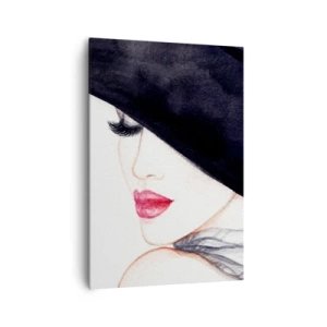 Cuadro sobre lienzo - Impresión de Imagen - Una ilustración sutil de una mujer con un sombrero negro y labios rojos. - 70x100cm - Elegancia y sensualidad - Decoración de pared moderna para salón y dormitorio ARTTOR