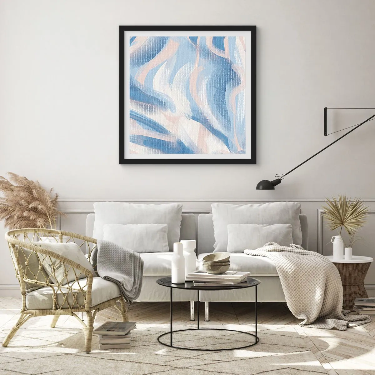 Póster en marco negro - Ondas azules - 30x30 cm