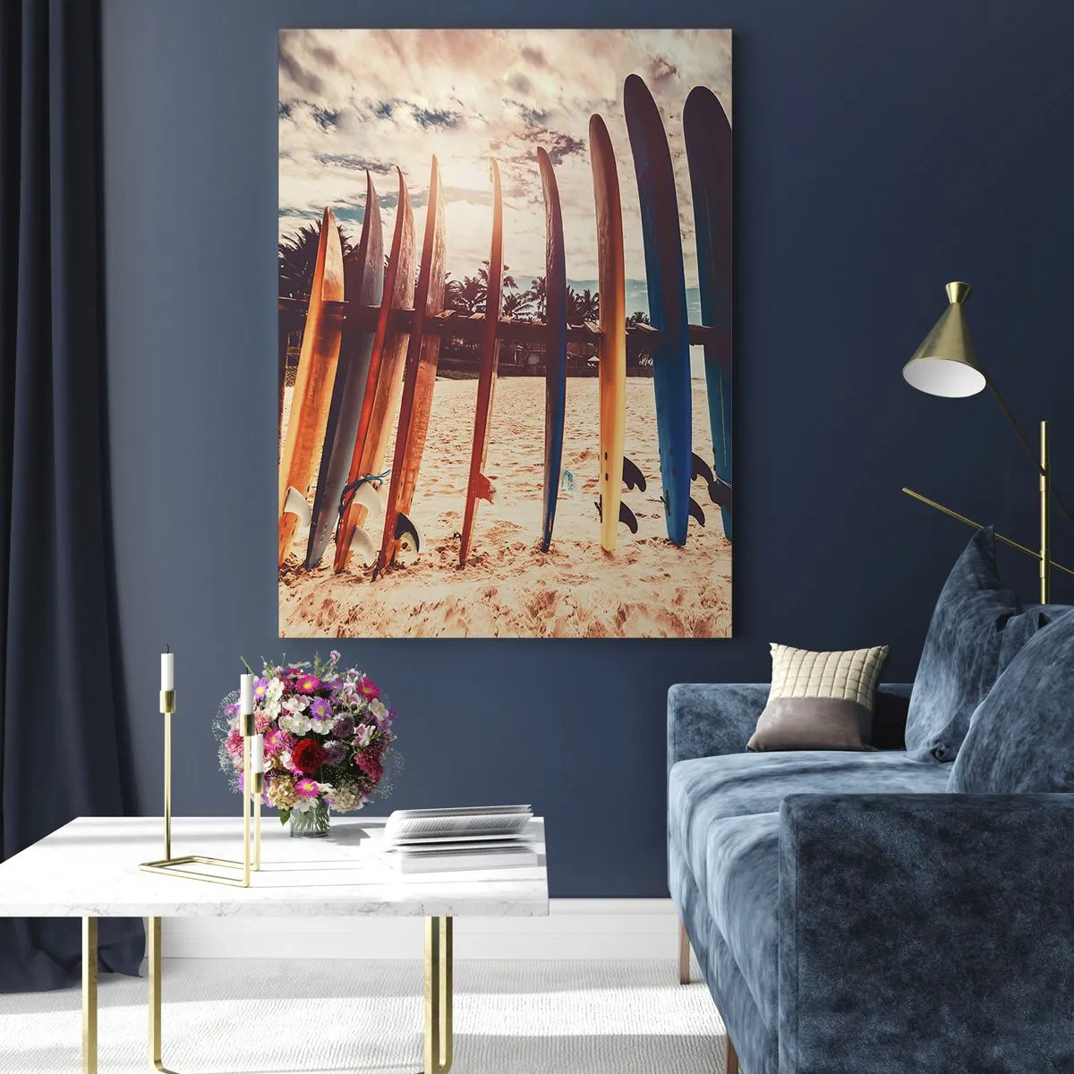 Cuadro sobre vidrio - Impresiones sobre Vidrio - Tablas de surf en la playa al atardecer - 70x100cm - Buenas noches, hasta mañana - Decoración de pared moderna para salón y dormitorio ARTTOR