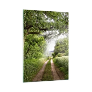 Cuadro sobre vidrio - Impresiones sobre Vidrio - Un camino forestal rodeado de vegetación bajo los rayos del sol. - 50x70cm - Ensueño - Decoración de pared moderna para salón y dormitorio ARTTOR