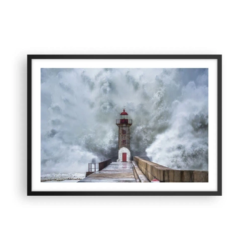 Póster en marco negro - Un faro rodeado de olas fuertes - 70x50cm - El rugido de las aguas, la fuerza del viento - Decoración de pared moderna para salón y dormitorio ARTTOR