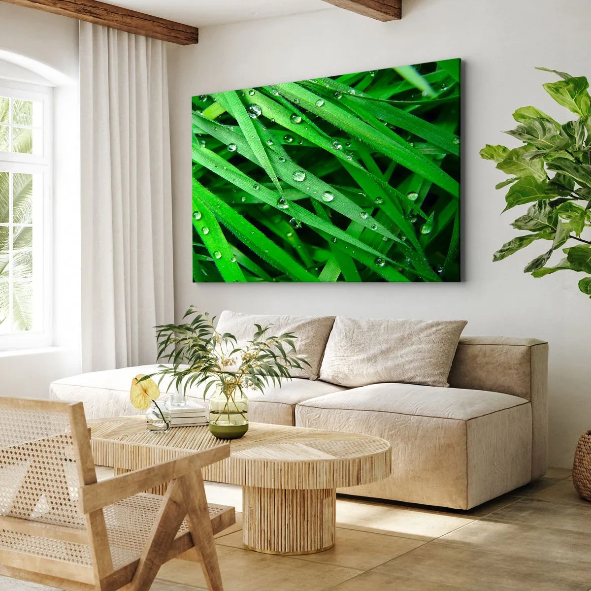 Cuadro sobre lienzo - Impresión de Imagen - Primer plano de hojas verdes de hierba con gotas de rocío - 70x50cm - Jugar al verde - Decoración de pared moderna para salón y dormitorio ARTTOR
