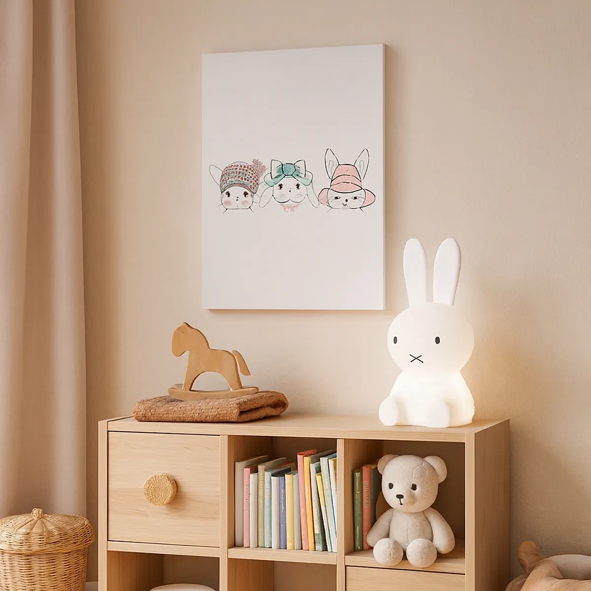 Cuadro sobre lienzo - Impresión de Imagen - Adorables conejitos con tocados en tonos pastel - 50x70cm - Reflexión, tristeza, alegría - Decoración de pared moderna para salón y dormitorio ARTTOR