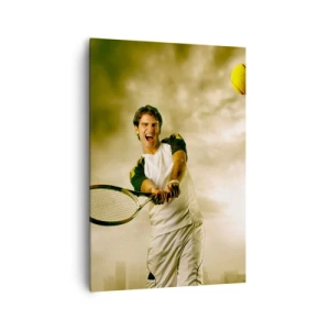 Cuadro sobre lienzo - Impresión de Imagen - Jugador de tenis en acción durante un partido con el telón de fondo de un paisaje urbano. - 70x100cm - Energía y alegría - Decoración de pared moderna para salón y dormitorio ARTTOR
