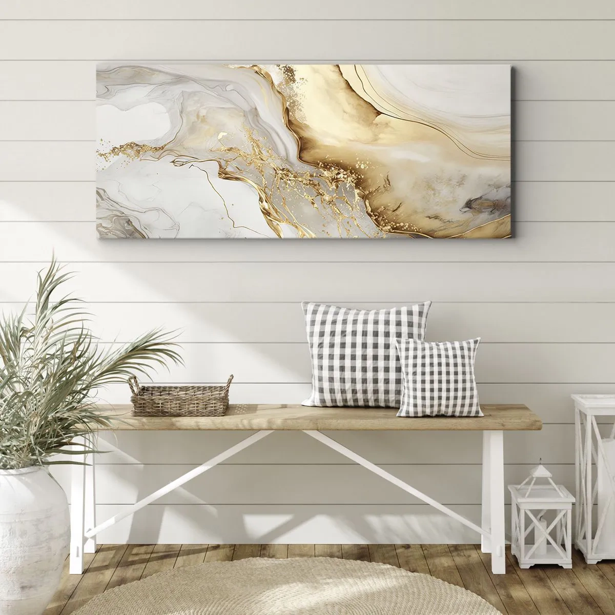 Cuadro sobre lienzo - Impresión de Imagen - Patrones abstractos de oro y mármol sobre un fondo claro. - 160x50cm - Abstracción: belleza y bondad - Decoración de pared moderna para salón y dormitorio ARTTOR