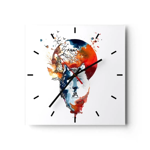 Reloj de pared - Reloj de vidrio - Pintura abstracta de acuarela de un lobo contra una luna roja. - 30x30cm - El acecho nocturno - Decoración de pared moderna para salón y dormitorio ARTTOR