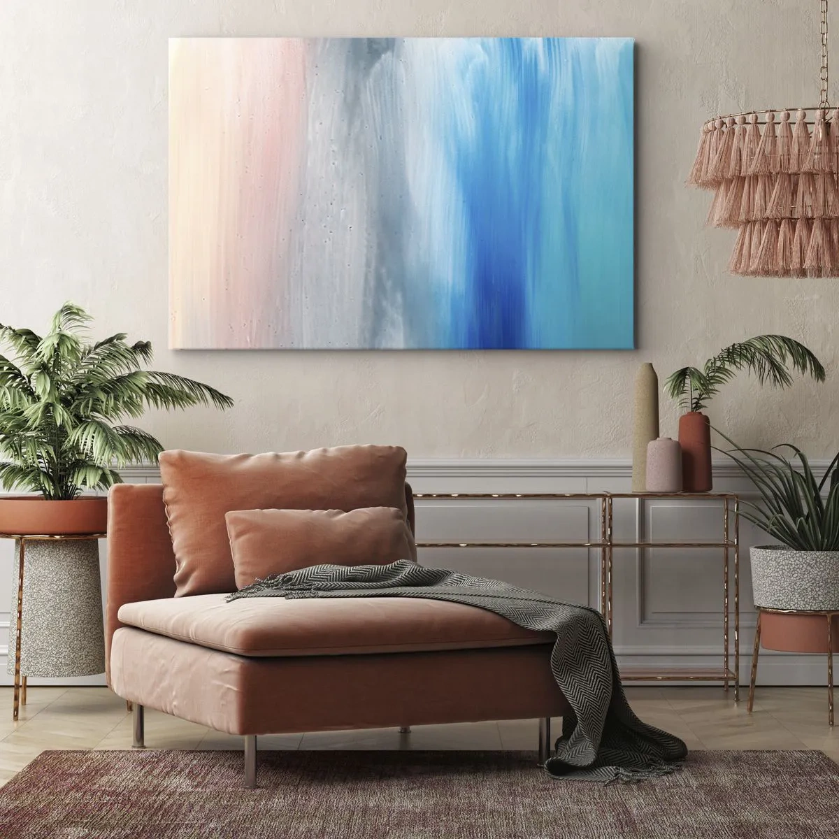 Cuadro sobre lienzo - Impresión de Imagen - Pinceladas abstractas en tonos azules y rosas - 70x50cm - Elementos: aire - Decoración de pared moderna para salón y dormitorio ARTTOR