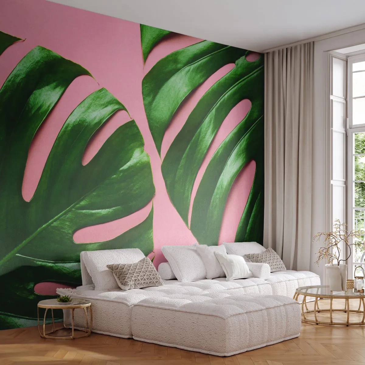 Fotomural Premium Sand - Hojas de monstera verde sobre un fondo rosa - 100x70cm - Cita con el verde - Decoración de pared moderna para salón y dormitorio ARTTOR