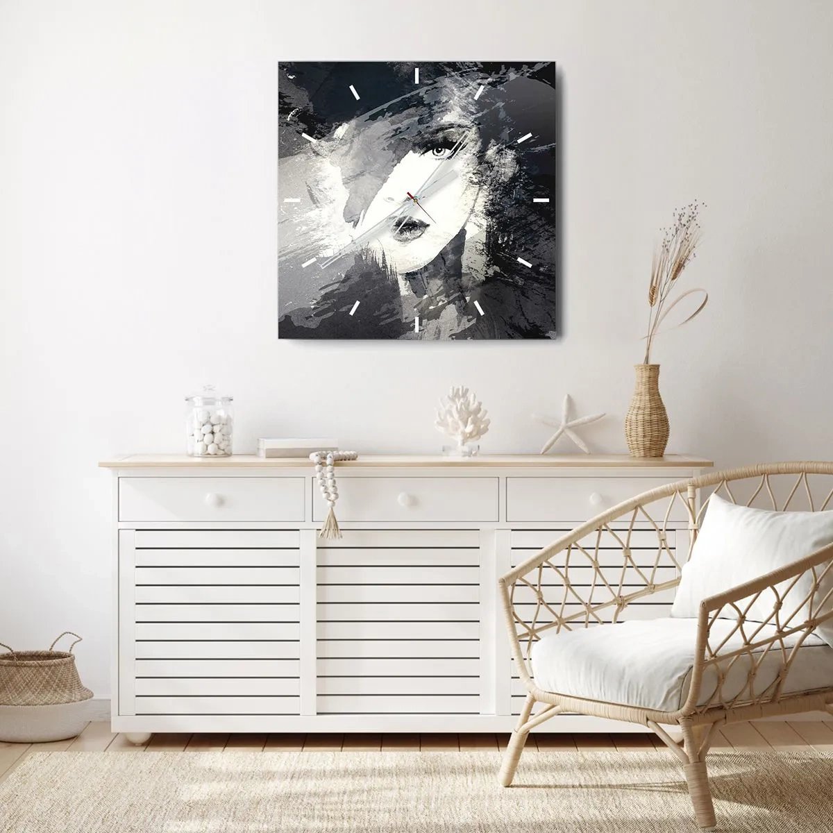 Reloj de pared - Reloj de vidrio - Un retrato abstracto de una mujer en tonos grises con acentos delicados. - 30x30cm - Tras un velo gris - Decoración de pared moderna para salón y dormitorio ARTTOR