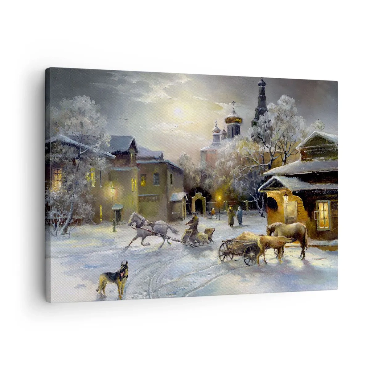 Cuadro sobre lienzo - Impresión de Imagen - Paisaje invernal en un pueblo ruso con un trineo y una iglesia. - 70x50cm - La magia de un invierno ruso - Decoración de pared moderna para salón y dormitorio ARTTOR