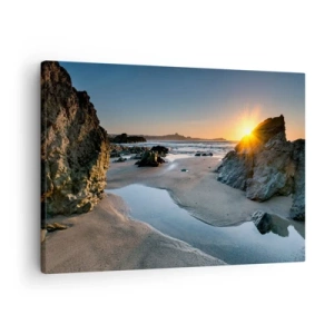 Cuadro sobre lienzo - Impresión de Imagen - Atardecer pintoresco en una playa rocosa - 70x50cm - Sin tocar por la mano del hombre - Decoración de pared moderna para salón y dormitorio ARTTOR