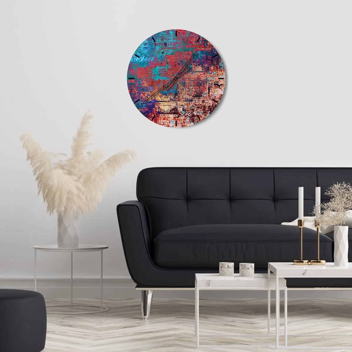 Reloj de pared - Reloj de vidrio - Una composición abstracta en tonos intensos de rojo y azul. - 30x30cm - Memoria y olvido - Decoración de pared moderna para salón, cocina y dormitorio ARTTOR