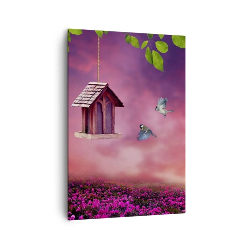 Cuadro sobre lienzo - Impresión de Imagen - Un paisaje pintoresco con una casa para pájaros y una puesta de sol. - 70x100cm - Invitación a una cena - Decoración de pared moderna para salón y dormitorio ARTTOR